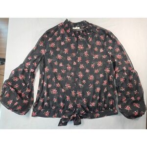 Black Floral Sheer Blouse Sz L Mock Neck Bishop Sleeve Whimsigoth Romantic Goth